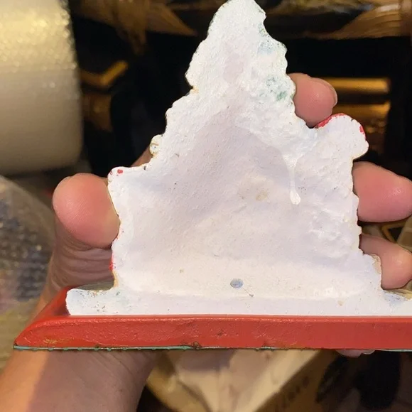 Vintage solid cast iron stocking holder elves trimming Christmas tree green red - Picture 4 of 6